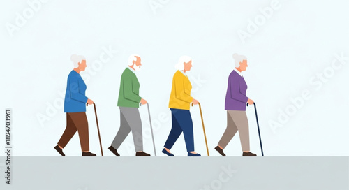 Four elderly people walking with canes in a line.