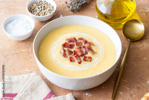Creamy cheese soup with fried bacon. American cuisine. Recipe.