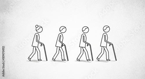 Four elderly people walking with canes in a line.