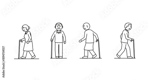Four elderly people walking with canes in different poses.