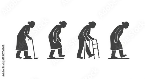 Four elderly women silhouettes showing progression of aging and mobility aids.