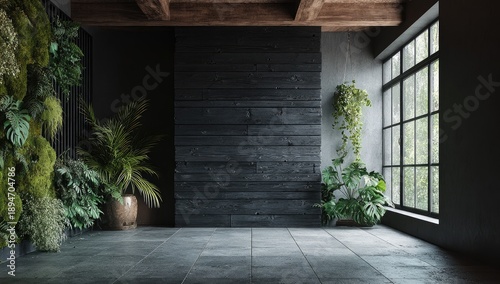 Cozy interior with wood, plants, and large window. Natural light, dark tones, and greenery