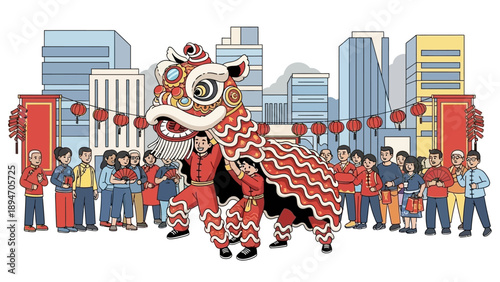Illustration of a lion dance performance during a cultural festival with people and cityscape in the background, featuring red lanterns and fireworks, on Chinese New Year.