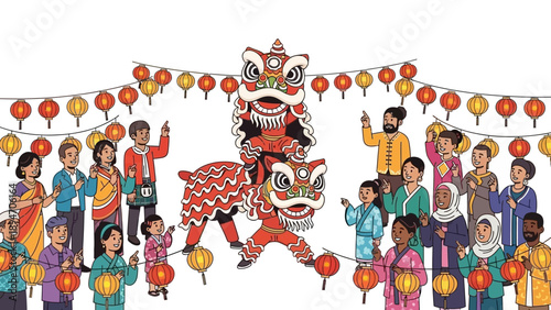 Illustration of a lion dance performance with people celebrating a cultural festival, specifically the Chinese New Year, with lanterns and fireworks in a vibrant, red and colorful setting.