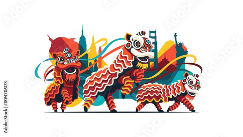 Illustration of a lion dance performance in a cultural festival setting with lanterns and fireworks, featuring a lion character and a cityscape background.
