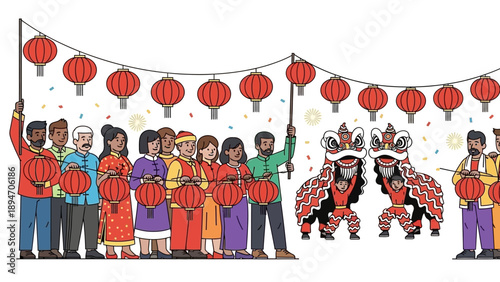 Illustration of people celebrating Cultural festival with lion dance performance and lanterns during Chinese New Year in a vibrant, festive atmosphere with red decorations and fireworks.