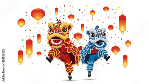 Illustration of lion dance performers in red and blue costumes with lanterns and fireworks for a vibrant Cultural festival scene.