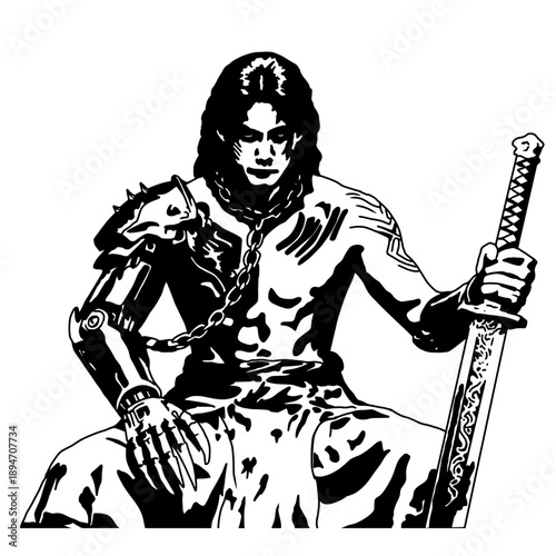A powerful warrior sits in a commanding pose, gripping a sword while wearing a mechanical arm and chained armor. Bold black-and-white line art highlights his strength, intensity, dark fantasy style