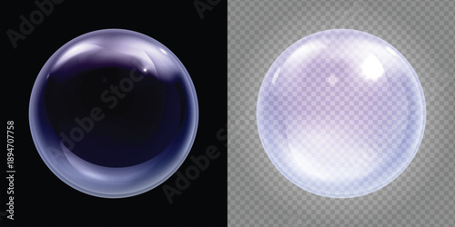 Set of realistic transparent blue and purple soap bubbles with reflection on dark and checkered background