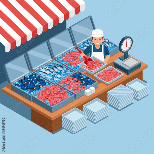 Fishmonger Preparing Fresh Seafood at Market Stall.