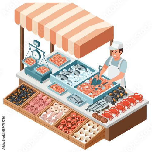 Butcher Preparing Meat at Market Stall.