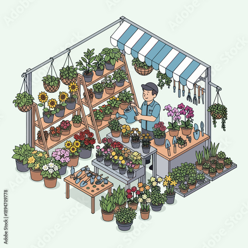 Illustration of Gardener Tending Plants in Greenhouse.