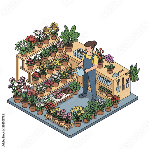 Gardener Tending Plants in Greenhouse Nursery.