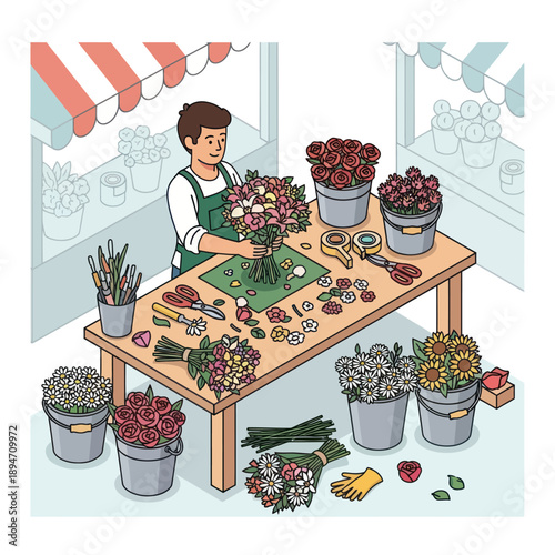 Florist Arranging Flowers at Worktable.