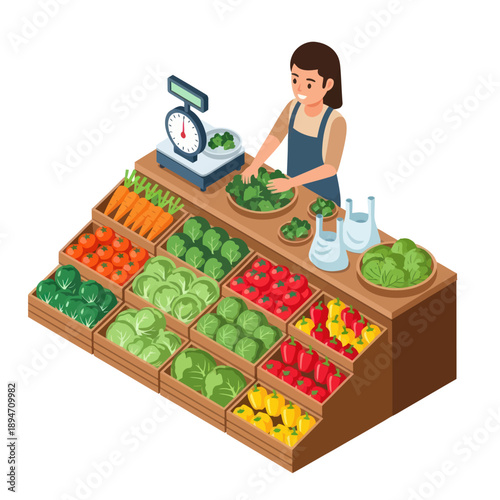 Woman Selling Fresh Vegetables at Market.