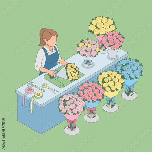 Florist Arranging Flowers on a Table.