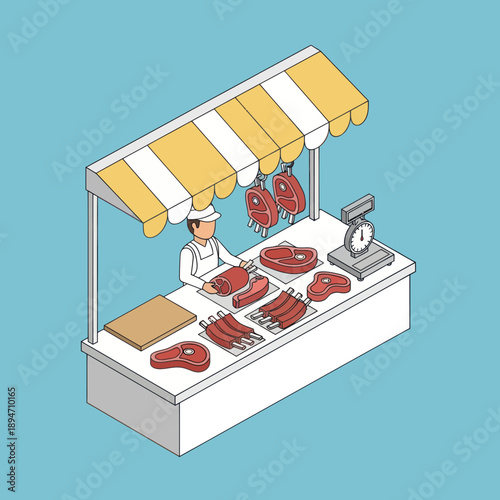 Butcher Stall with Meat and Chef.