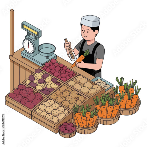 Vendor Selling Fresh Vegetables at Market Stall.