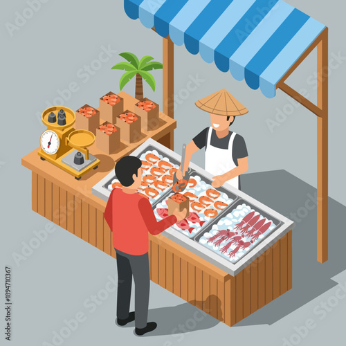 Fishmonger Selling Fresh Seafood at Market Stall.