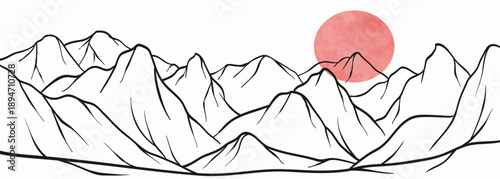 Minimalist Mountain range line art illustration. mountains landscape engraving with sunset. use for print art, poster, cover, banner