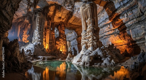 A breathtaking nature landscape features an ancient limestone cavern where a subterranean waterfall flows over dark rocks into a serene underground river surrounded by majestic stalactites and stalagm