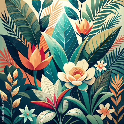 A modern botanical floral painting featuring layered tropical flowers and leaves