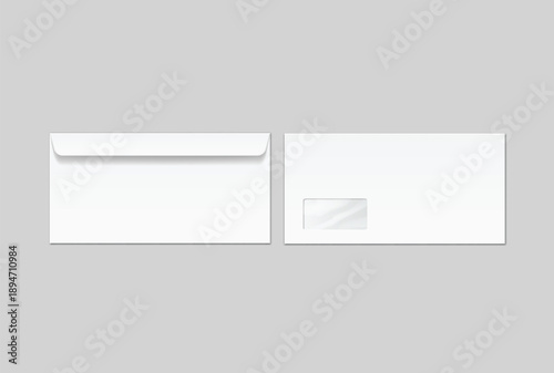Blank white DL envelope mockup set with transparent window isolated on background. Open and closed view of realistic paper mailer for business letters, corporate branding, and office stationery