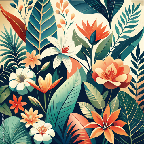 A modern botanical floral painting featuring layered tropical flowers and leaves