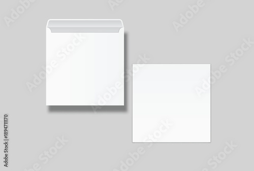 Blank white square envelope mockup with transparent shadow isolated on background, clean stationery composition for corporate branding, business correspondence, wedding invites and mailing design