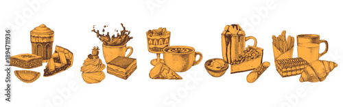 Pastries with coffee and tea hand drawn vector collection