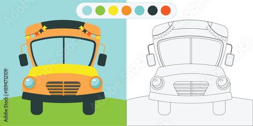  Funny bus with flags, coloring book page for kids