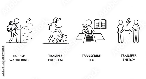 Four simple line art icons representing different concepts.