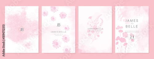 Summer Flower Wedding Invitation set, floral invite thank you, rsvp modern card Design in pink leaf greenery  branches with water color texture background. 