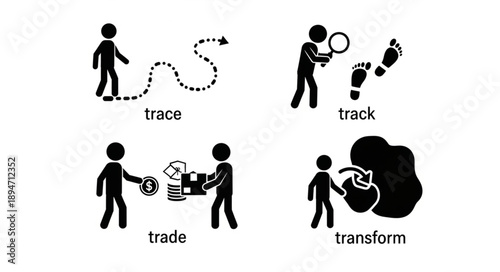 Four Icons Representing Trace Track Trade Transform Concepts.