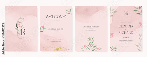 Summer Flower Wedding Invitation set, floral invite thank you, rsvp modern card Design in pink leaf greenery  branches with water color texture background. 