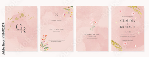 Summer Flower Wedding Invitation set, floral invite thank you, rsvp modern card Design in pink leaf greenery  branches with water color texture background. 