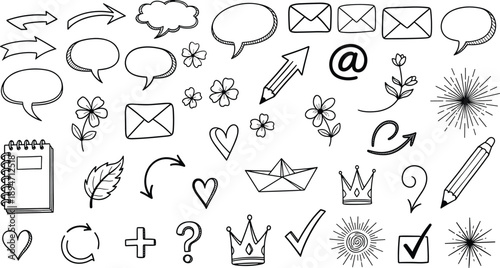 Large set of black hand drawn doodle icons featuring speech bubbles envelopes arrows hearts flowers crowns and pencils for creative business and social media designs