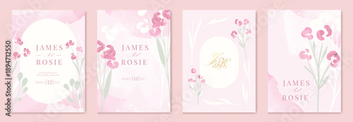 Summer Flower Wedding Invitation set, floral invite thank you, rsvp modern card Design in pink leaf greenery  branches with water color texture background. 