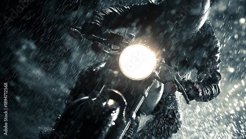 Motorcyclist riding through heavy rain with headlight shining bright