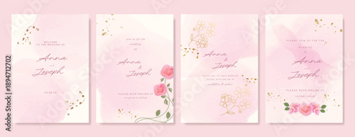 Summer Flower Wedding Invitation set, floral invite thank you, rsvp modern card Design in pink leaf greenery  branches with water color texture background. 