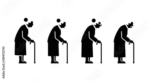 Four Silhouettes of an Elderly Woman with a Cane Showing Aging Process.