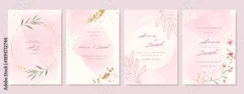 Summer Flower Wedding Invitation set, floral invite thank you, rsvp modern card Design in pink leaf greenery  branches with water color texture background. 