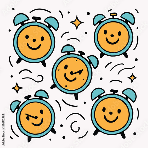 Playful surreal clocks with smiling faces floating in abstract space, a whimsical vector illustration for themes of time, emotion, and dreams.