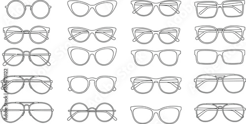 Large collection of glasses line art icons featuring various frame styles like aviator cat eye and round shapes isolated on white background for design