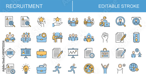 Large collection of business recruitment and human resources icons featuring hiring process job interviews resumes and workforce management isolated on white background for design