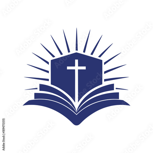 Christian Church Logo with Open Bible, Cross, and Sunburst Rays