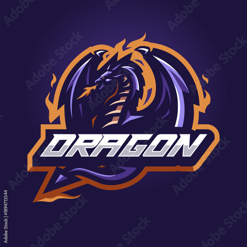 Purple dragon spitting fire mascot logo