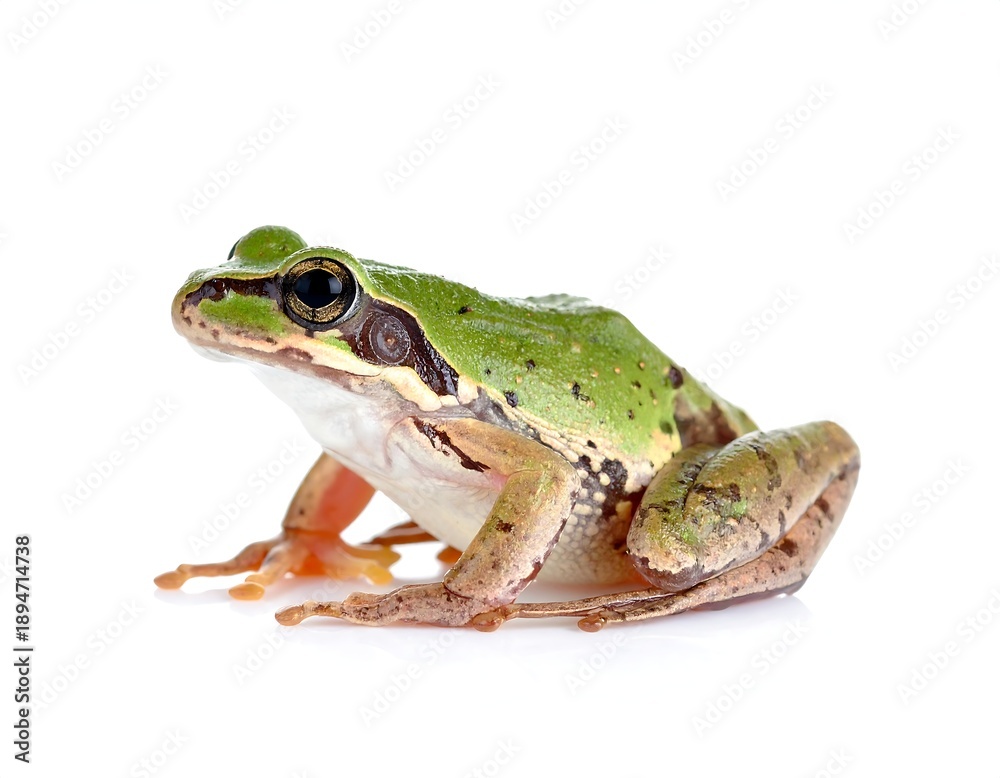 Obraz premium A vibrant, close-up shot showcasing a tree frog perched against a clean white backdrop. Its green skin and detailed features are clear