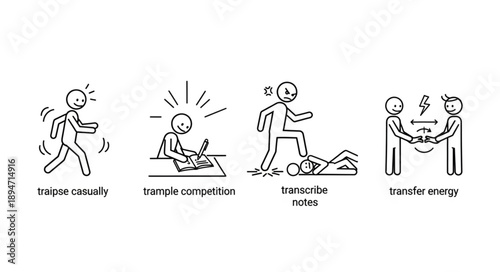 Four simple line drawings illustrating different human interactions and emotions.