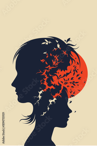 Beige Dual Silhouettes Woman Child Red Leaf Hair Explosion Red Sun